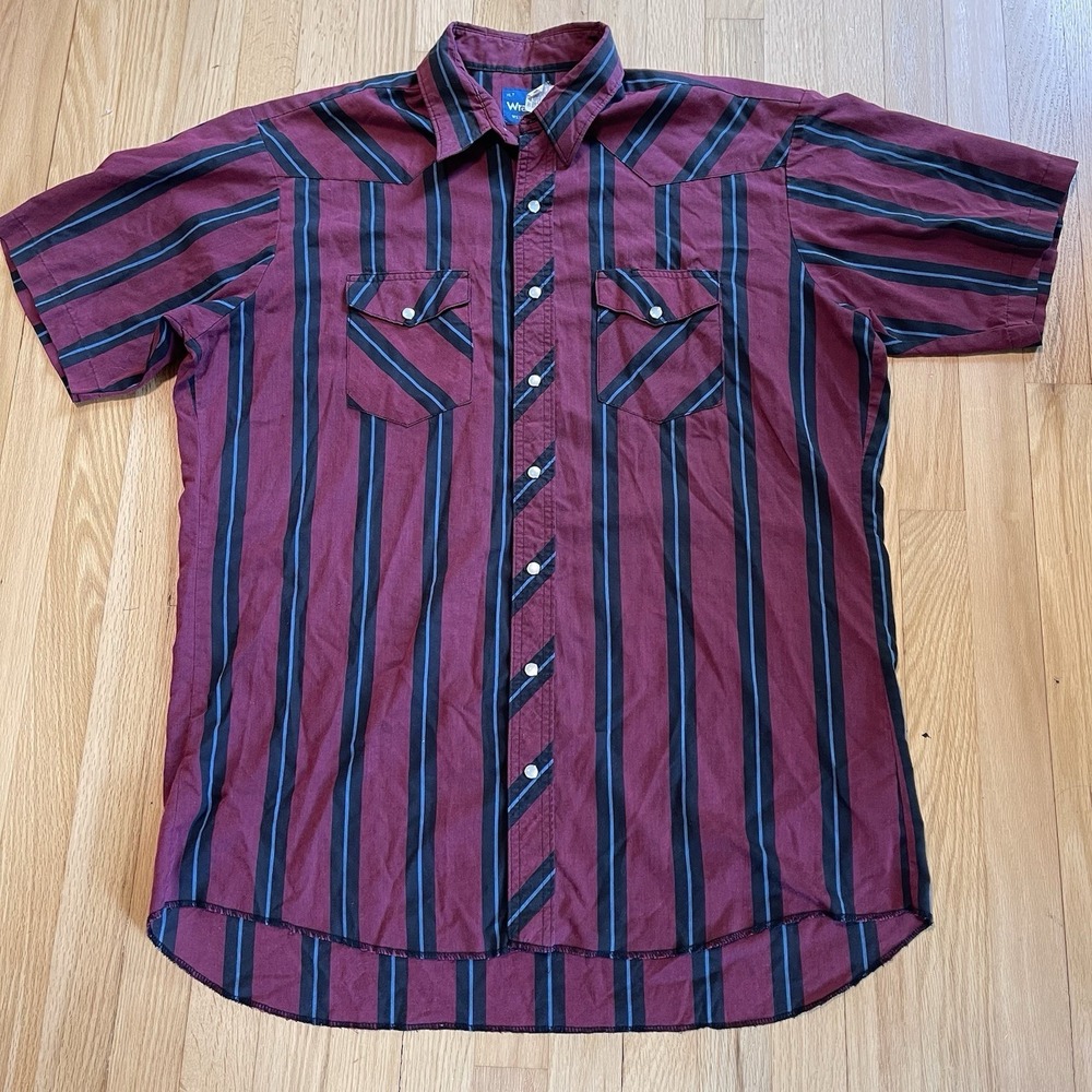 Vintage Wrangler Men Shirt XLT Rodeo Western Pearl Snap Short Sleeve Blue Stripe